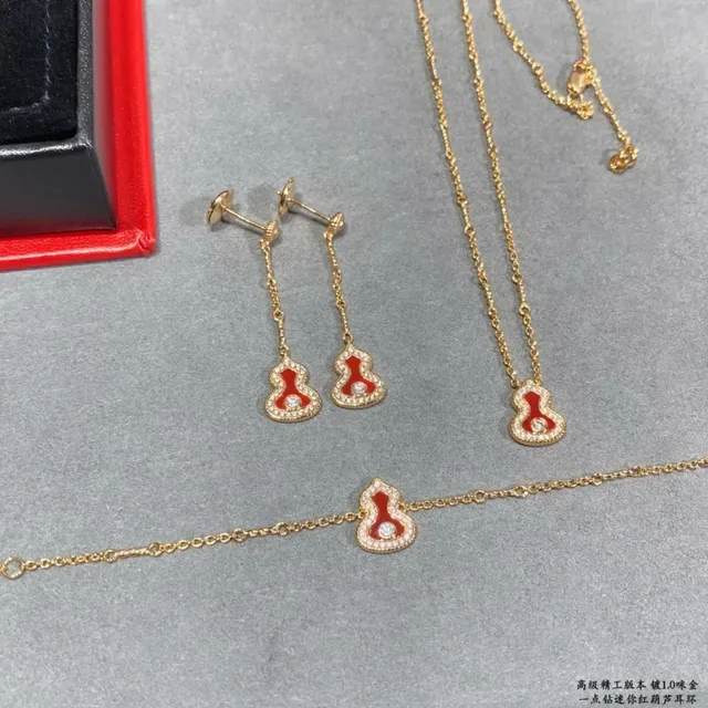 Gold-Tone Red Enamel Gourd Pendant Chain Drop Earrings 6