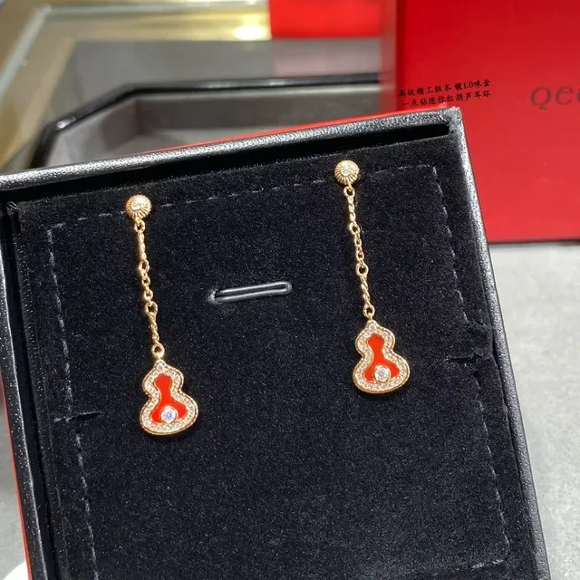 Gold-Tone Red Enamel Gourd Pendant Chain Drop Earrings 7