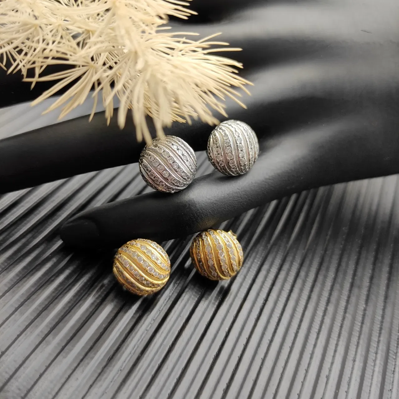Gold-Tone Ribbed Pavé Sphere Stud Earrings 2