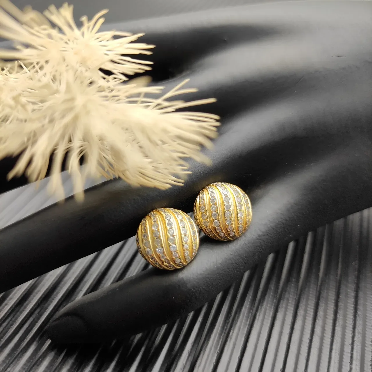 Gold-Tone Ribbed Pavé Sphere Stud Earrings 3