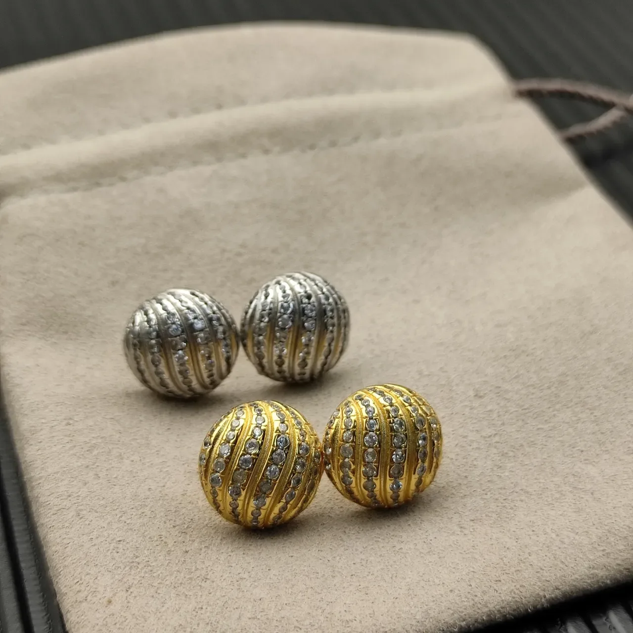 Gold-Tone Ribbed Pavé Sphere Stud Earrings 4