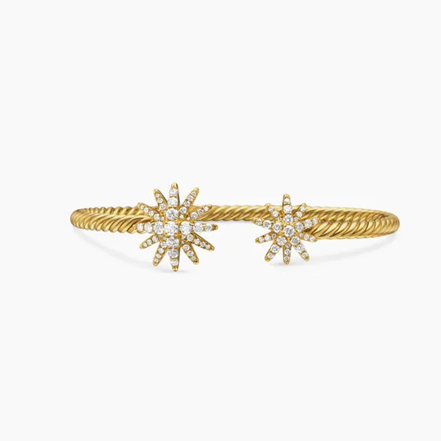 Bracelete de Ouro com Cuff Texturizado em Corde Transparente, Motivo de Estrela Explosiva Pavé de Cristais 9