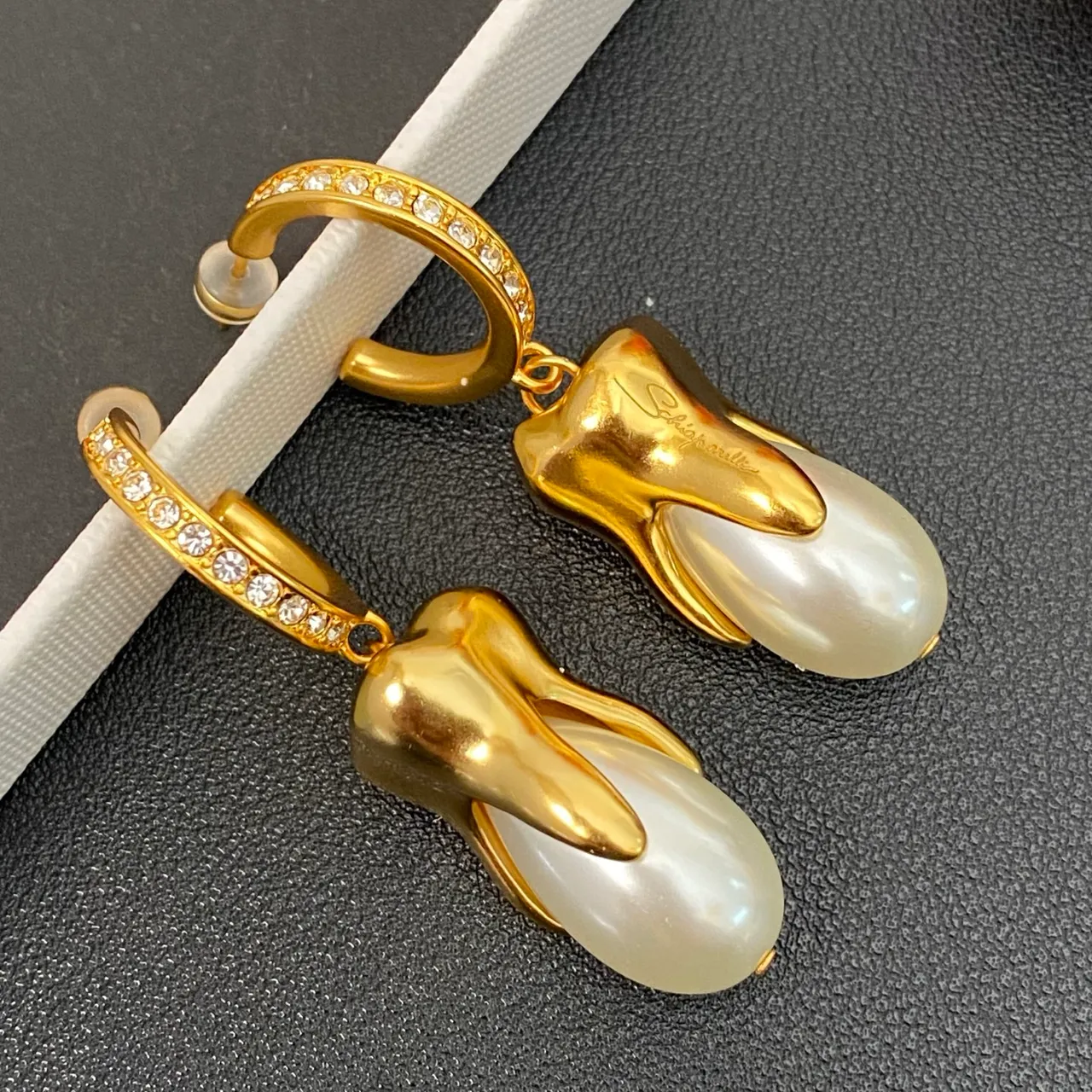 Gold White Hoop Pearl-Like Teardrop Earrings 4