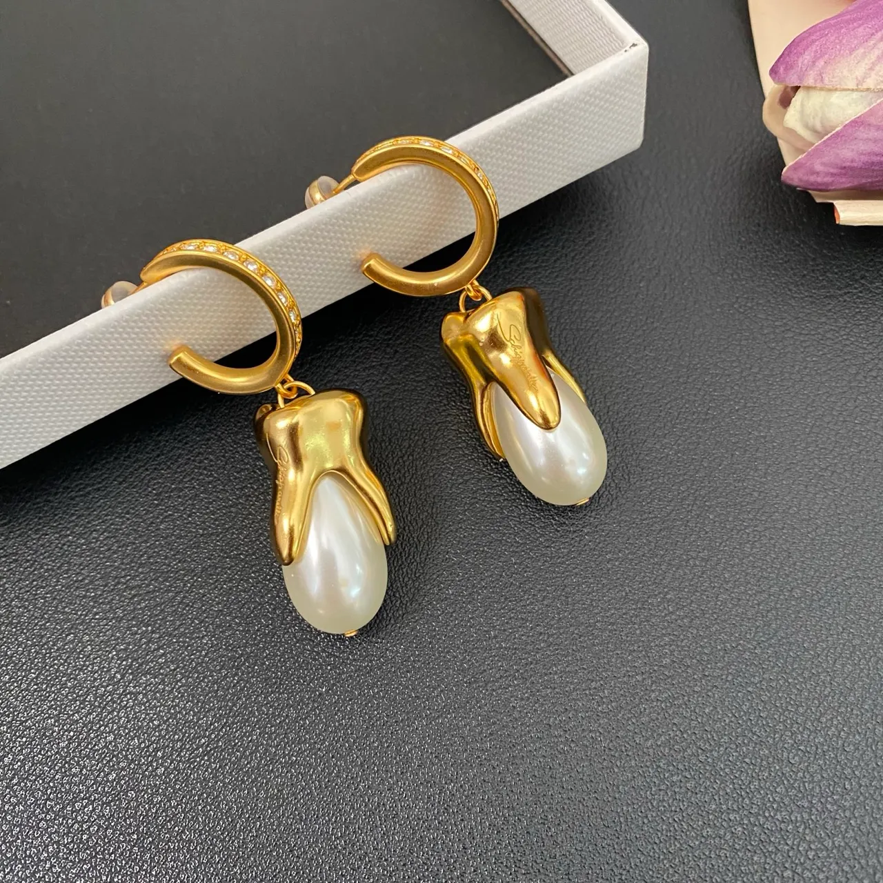 Gold White Hoop Pearl-Like Teardrop Earrings 8