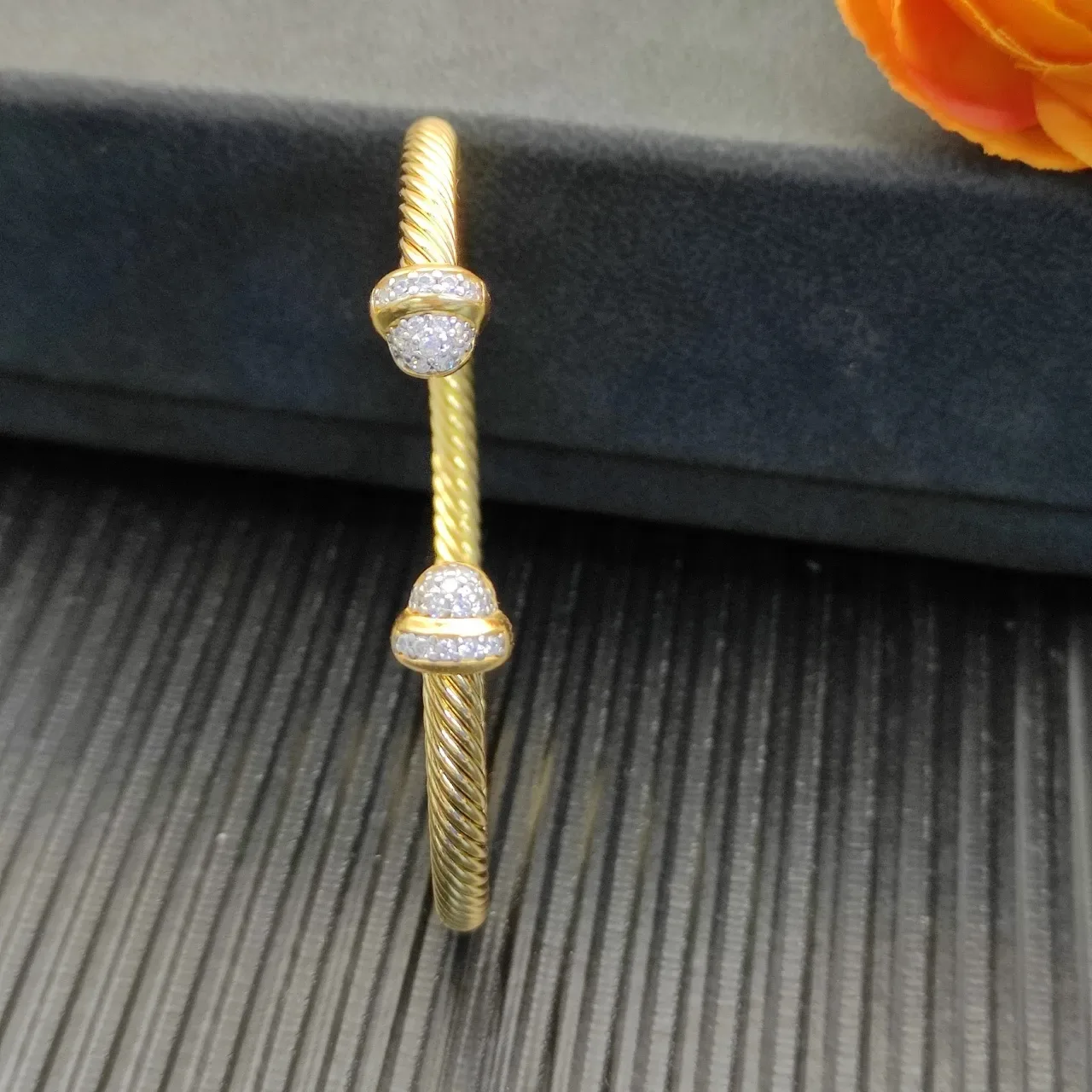 Gold White Twisted Rope Cable Open Bangle Bracelet 5