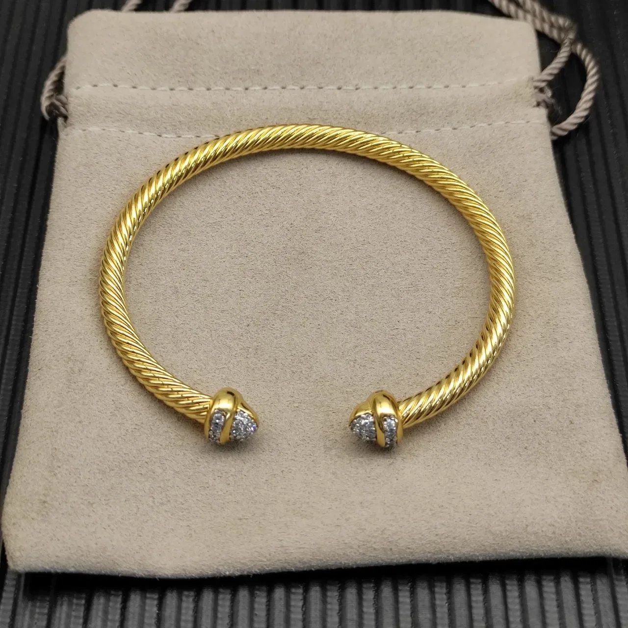 Gold White Twisted Rope Cable Open Bangle Bracelet 8
