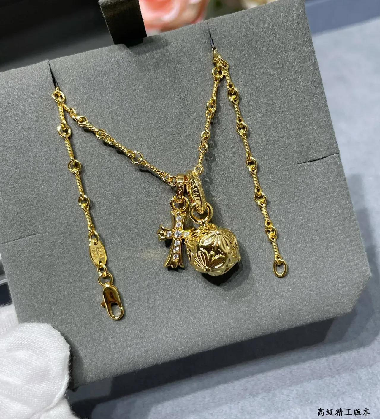 Gold White Twisted Rope Chain Pavé-Set Cross Pendant Necklace 3
