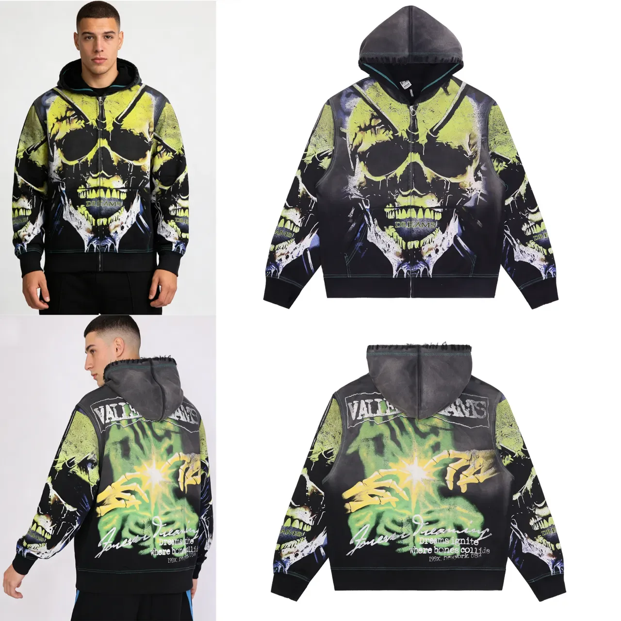 Impression graphique lavage usé motif crâne hoodie à fermeture éclair complète 2