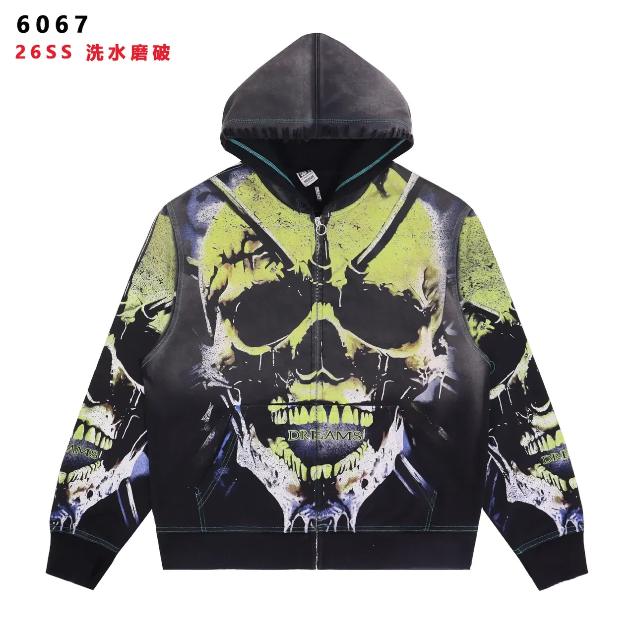 Impression graphique lavage usé motif crâne hoodie à fermeture éclair complète 3