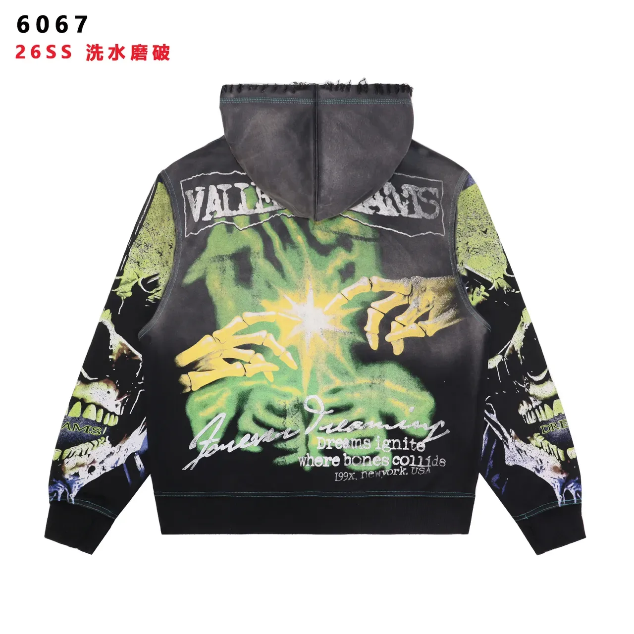 Impression graphique lavage usé motif crâne hoodie à fermeture éclair complète 4