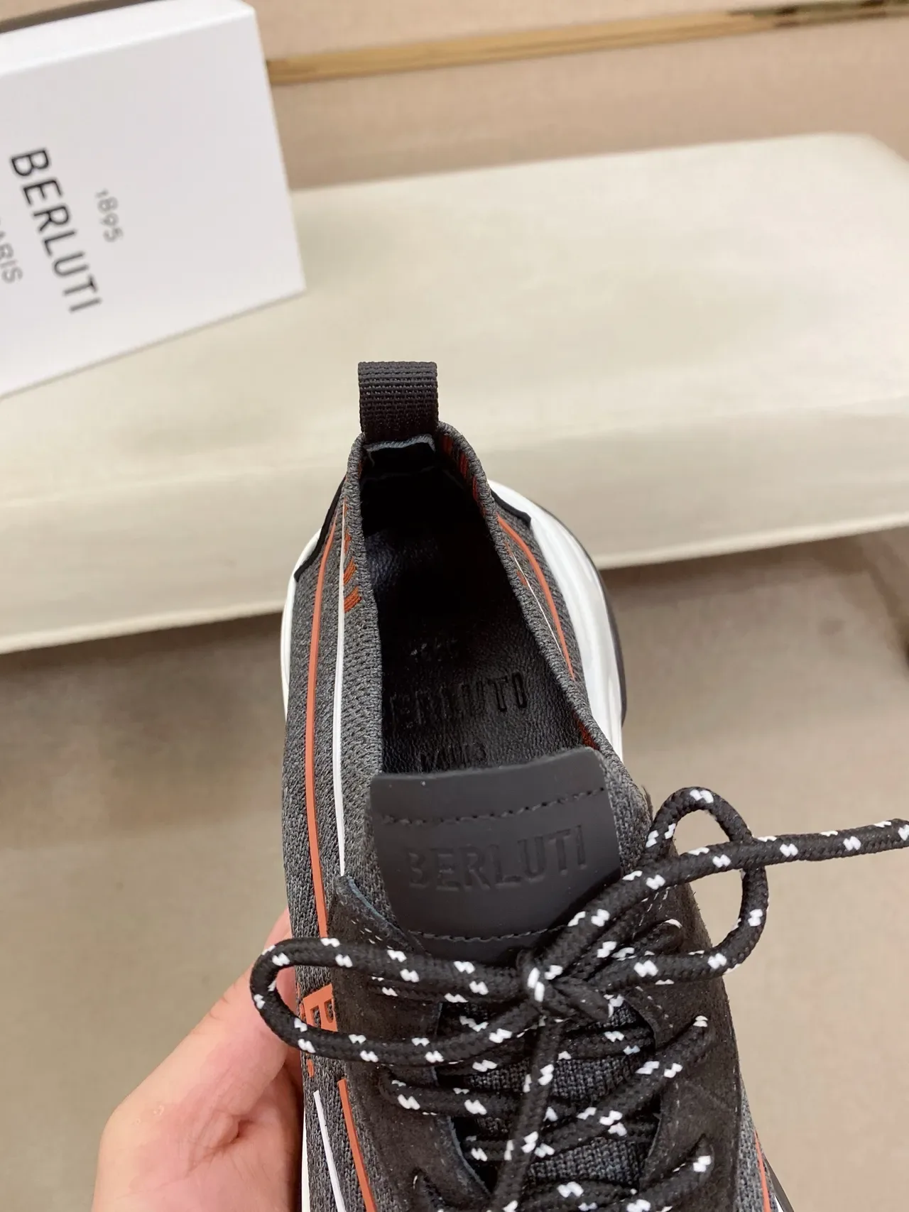 Gray and Orange Logo-Accented Knit Sneaker 4