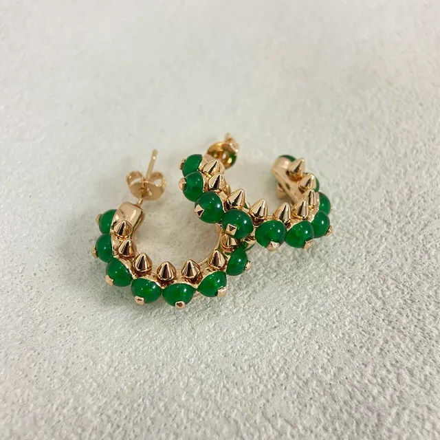 Green Bead-Studded Spiked Hoop Earrings 3