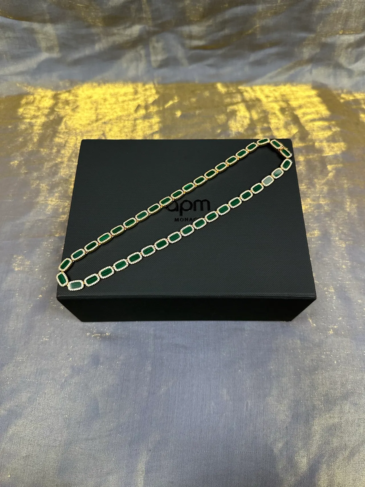 Green Gold Rectangular Link Design Pavé-Set Clear Stones Necklace 6