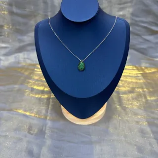Green Silver Pavé-Set Teardrop Pendant Fine Link Chain Necklace