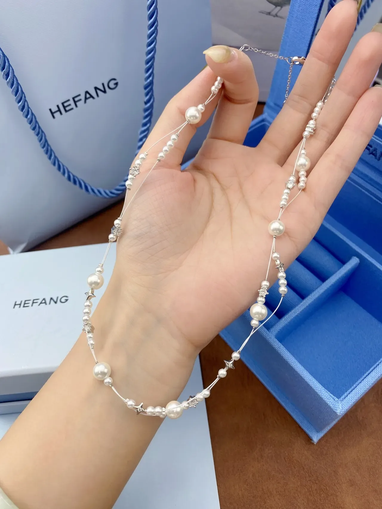 HEFANG Multi-Strand Pearl and Crystal Necklace 4