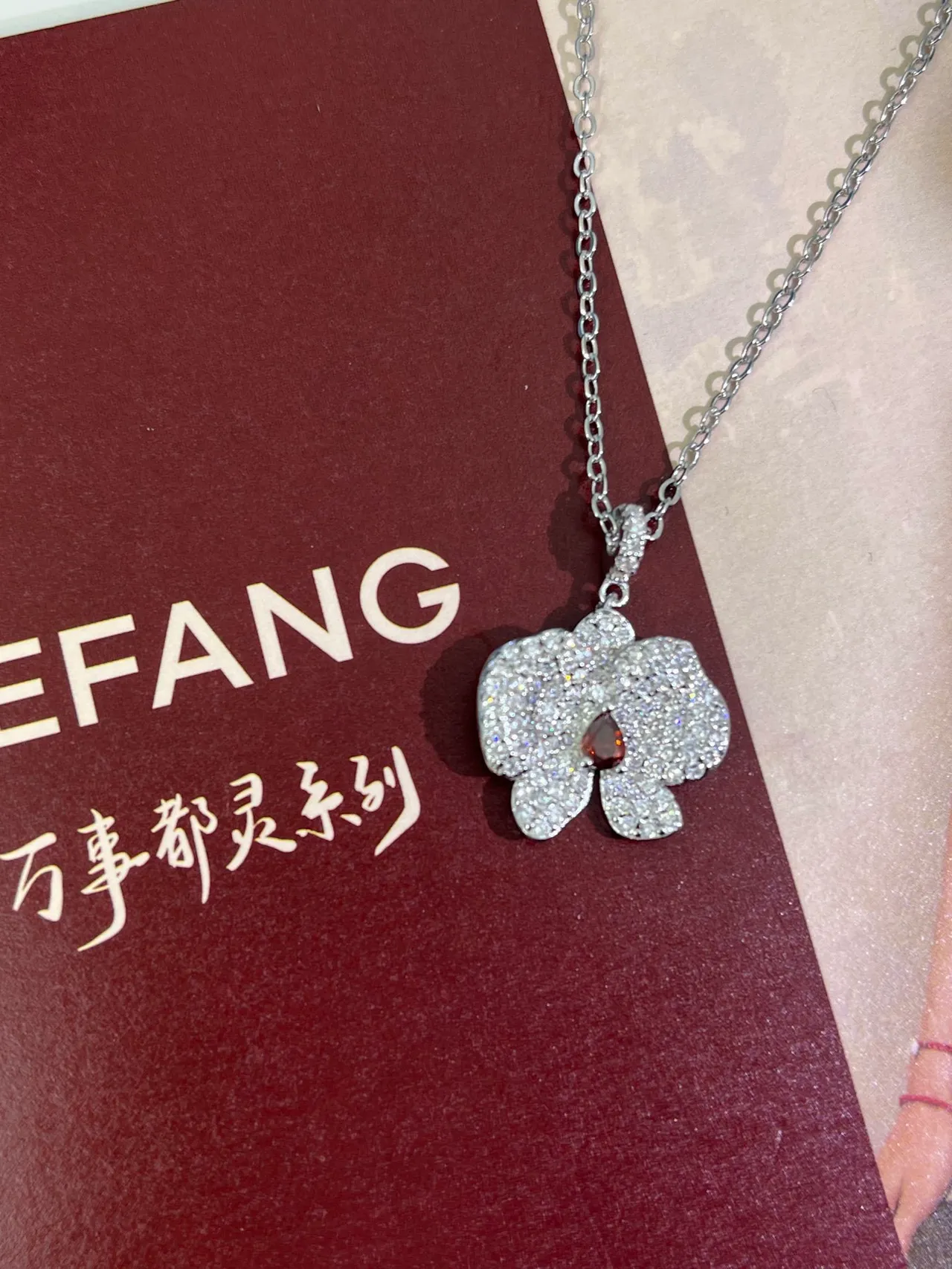 HEFANG Silver Red Pavé-Set Floral Pendant Teardrop Center Stone Necklace 4