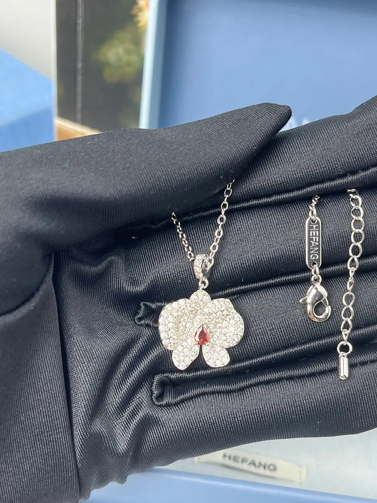HEFANG Silver Red Pavé-Set Floral Pendant Teardrop Center Stone Necklace 5