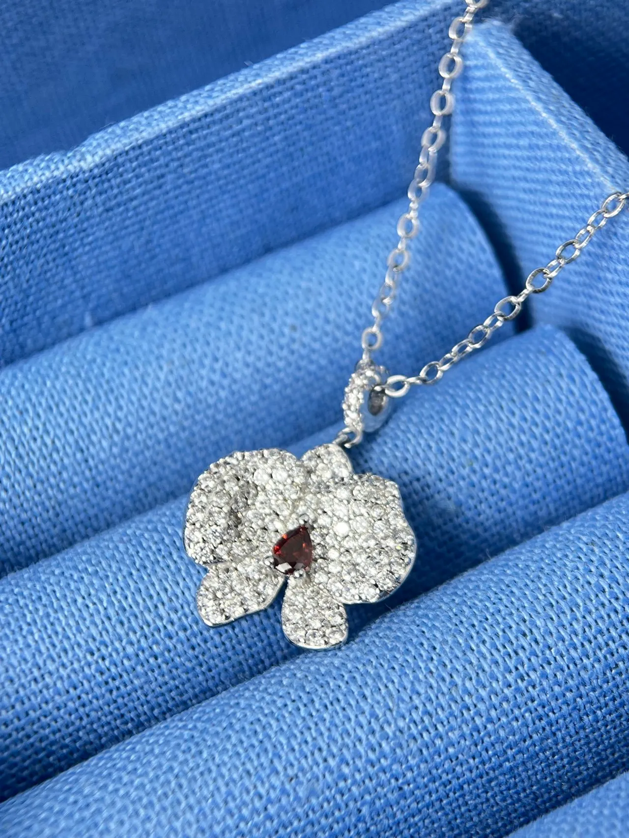 HEFANG Silver Red Pavé-Set Floral Pendant Teardrop Center Stone Necklace 6