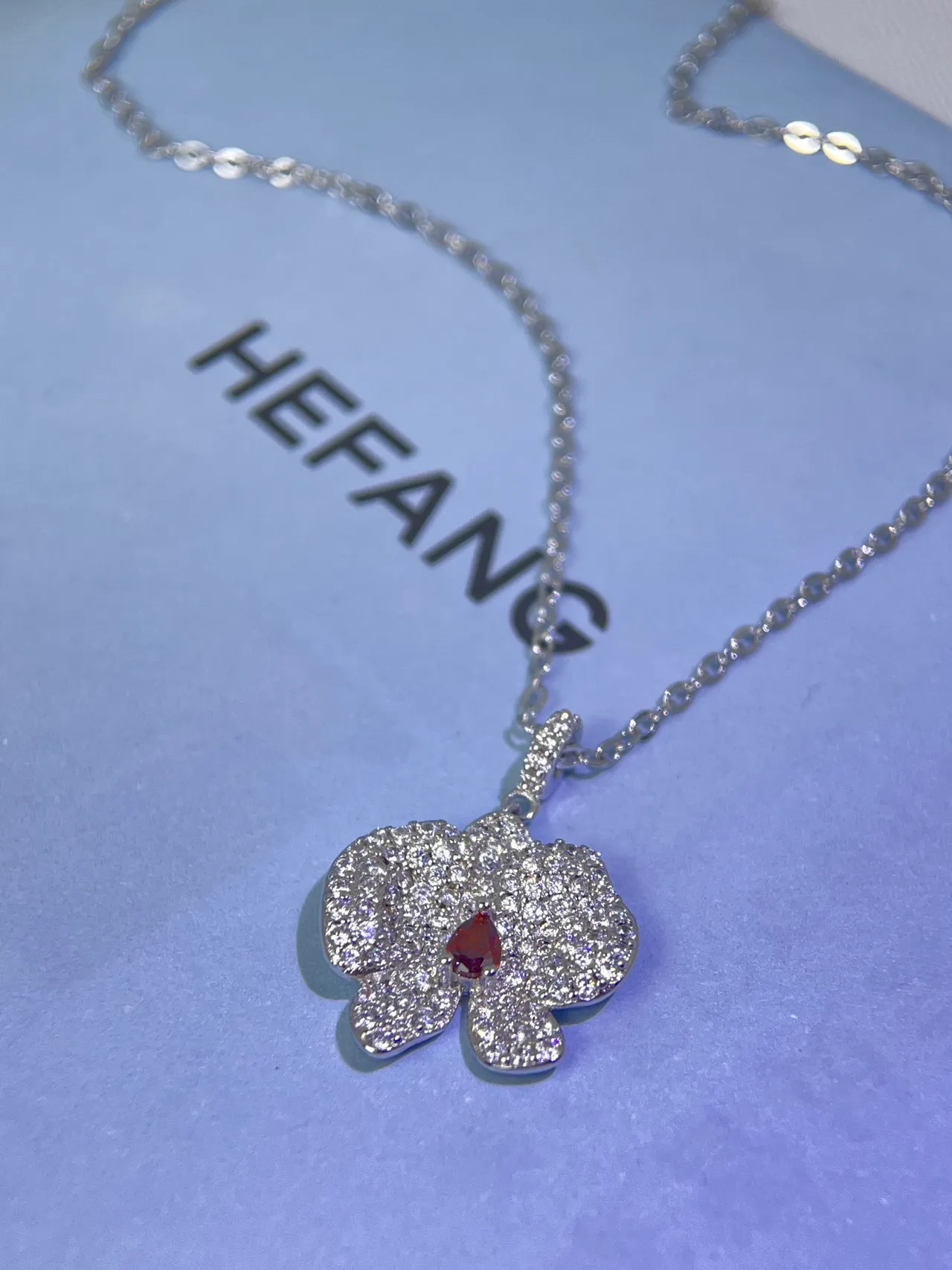 HEFANG Silver Red Pavé-Set Floral Pendant Teardrop Center Stone Necklace 8