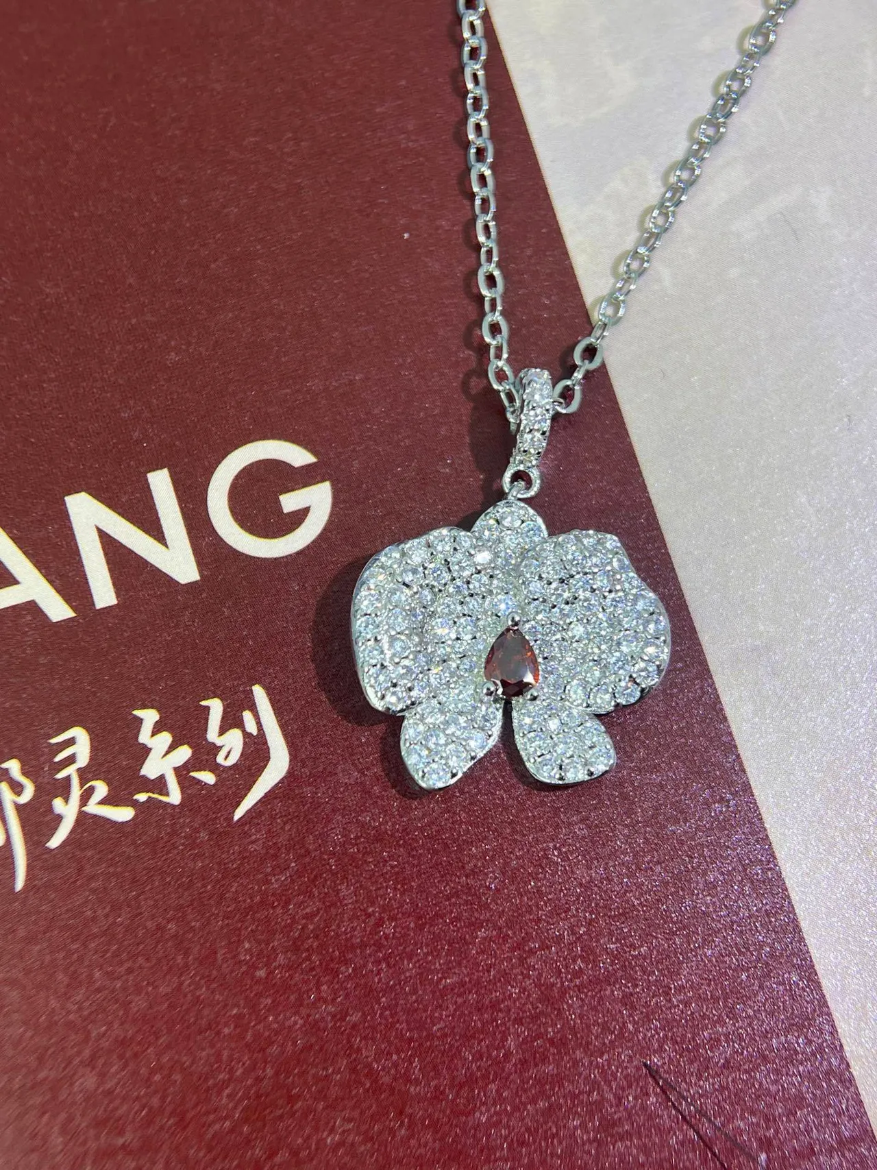 HEFANG Silver Red Pavé-Set Floral Pendant Teardrop Center Stone Necklace 9
