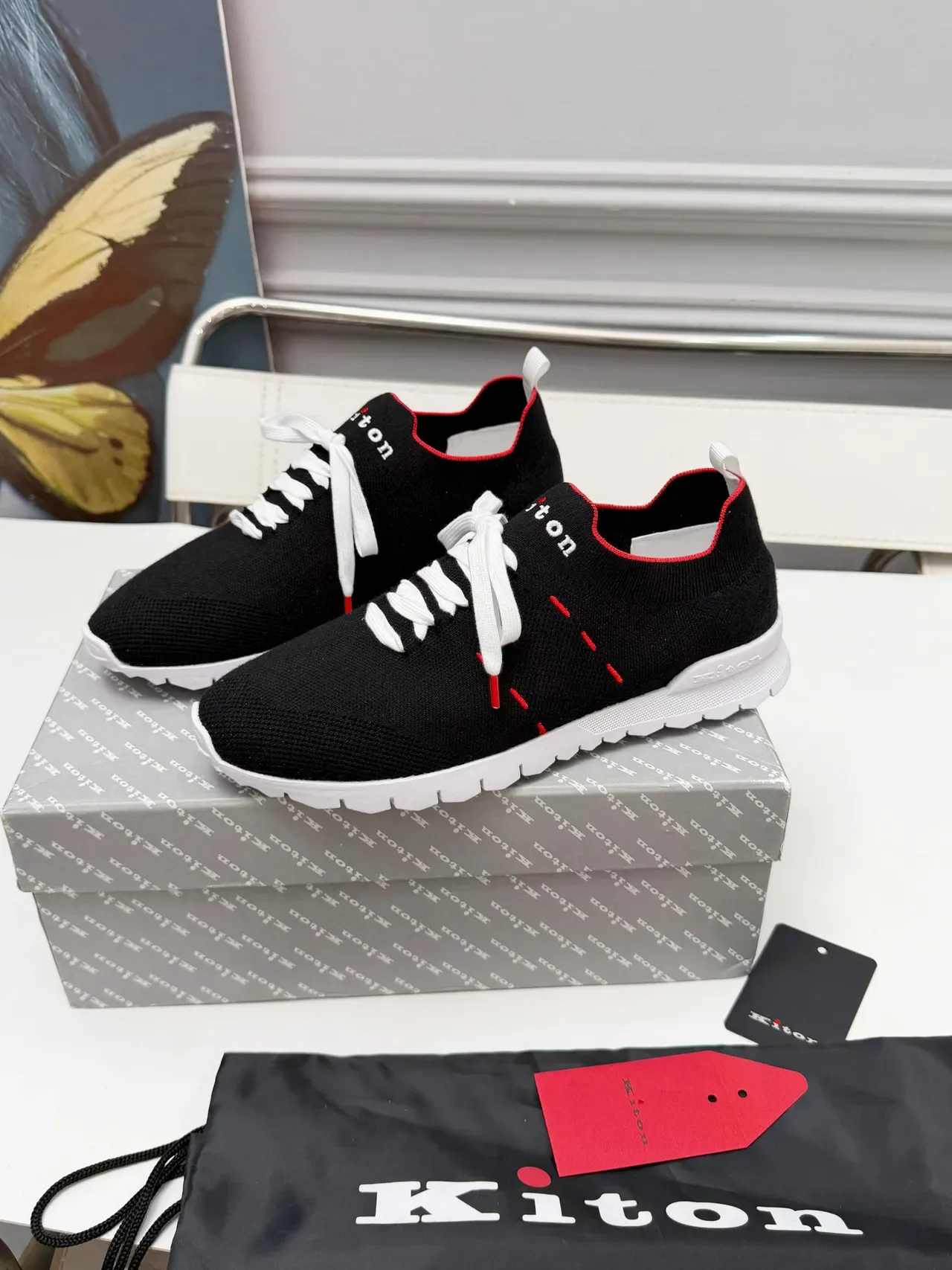 Kiton Black Red Knit Upper Sock-Fit Collar Lifestyle Sneakers 4
