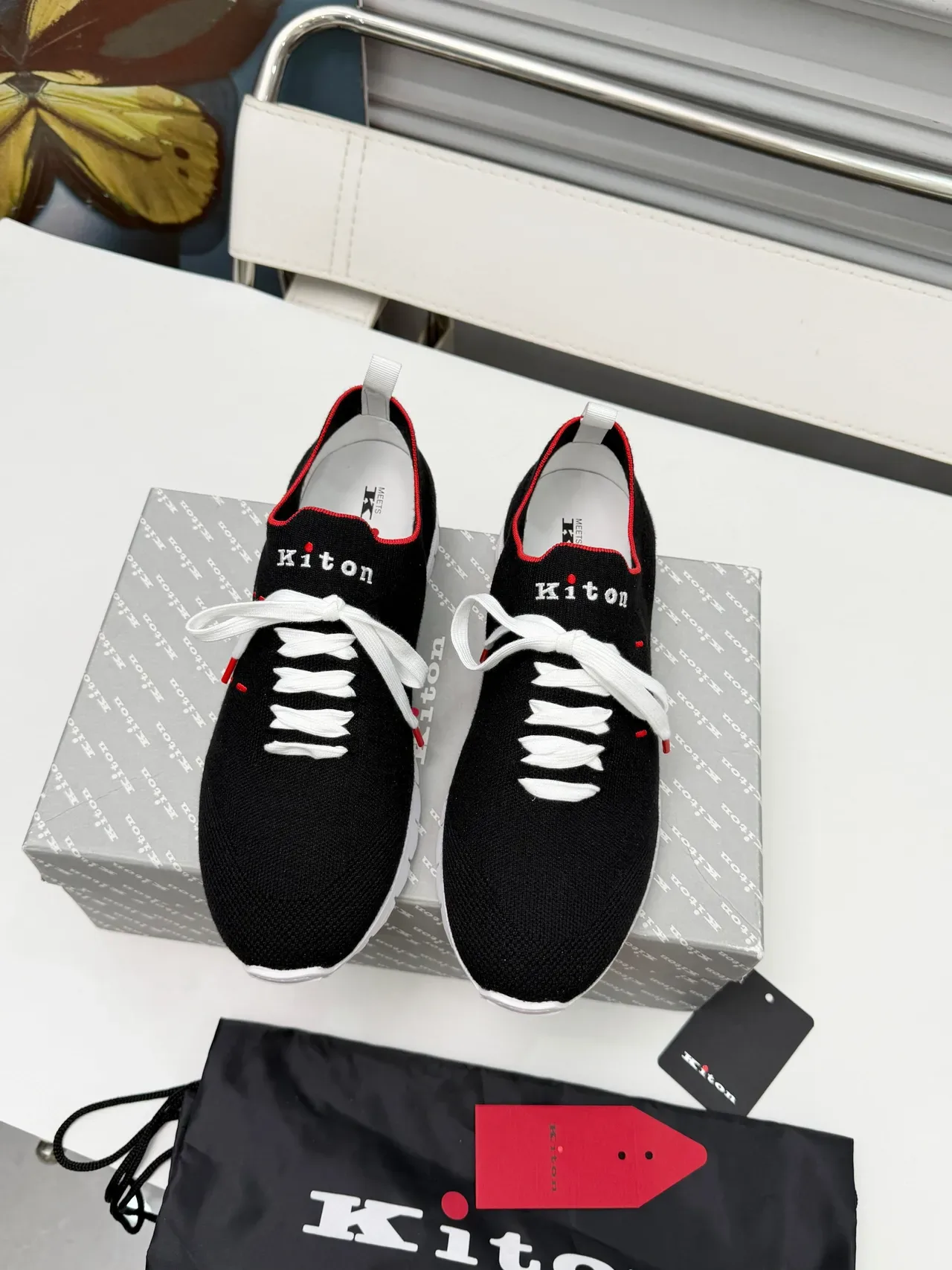 Kiton Black Red Knit Upper Sock-Fit Collar Lifestyle Sneakers 5