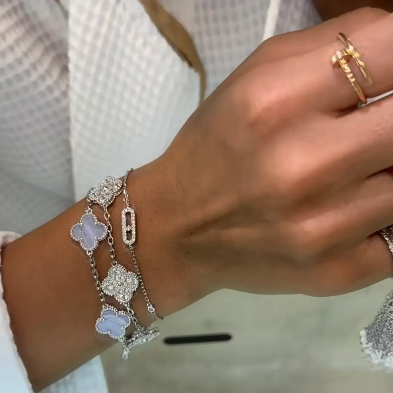 Bracelet Chaîne Trèfle Mère de Perle Lavande Argent 7