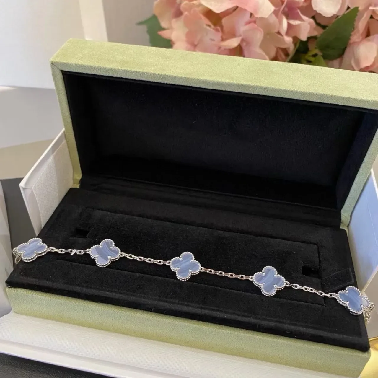 Bracelet Chaîne Trèfle Mère de Perle Lavande Argent 9