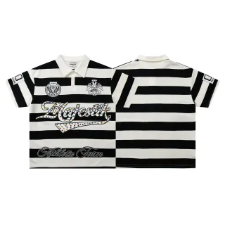 Majestik Athletic Team Striped Rhinestone Polo Shirt