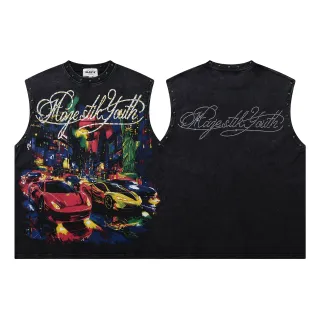 MAJESTIK Graphic-Print Studded Acid-Wash Black Denim Vest Top