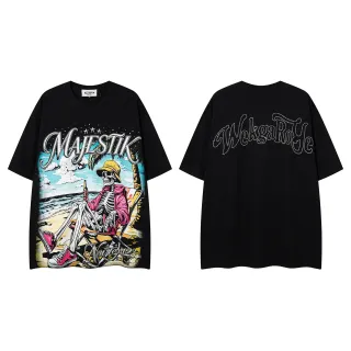 MAJESTIK Camiseta oversized negra con estampado gráfico de esqueleto en la playa