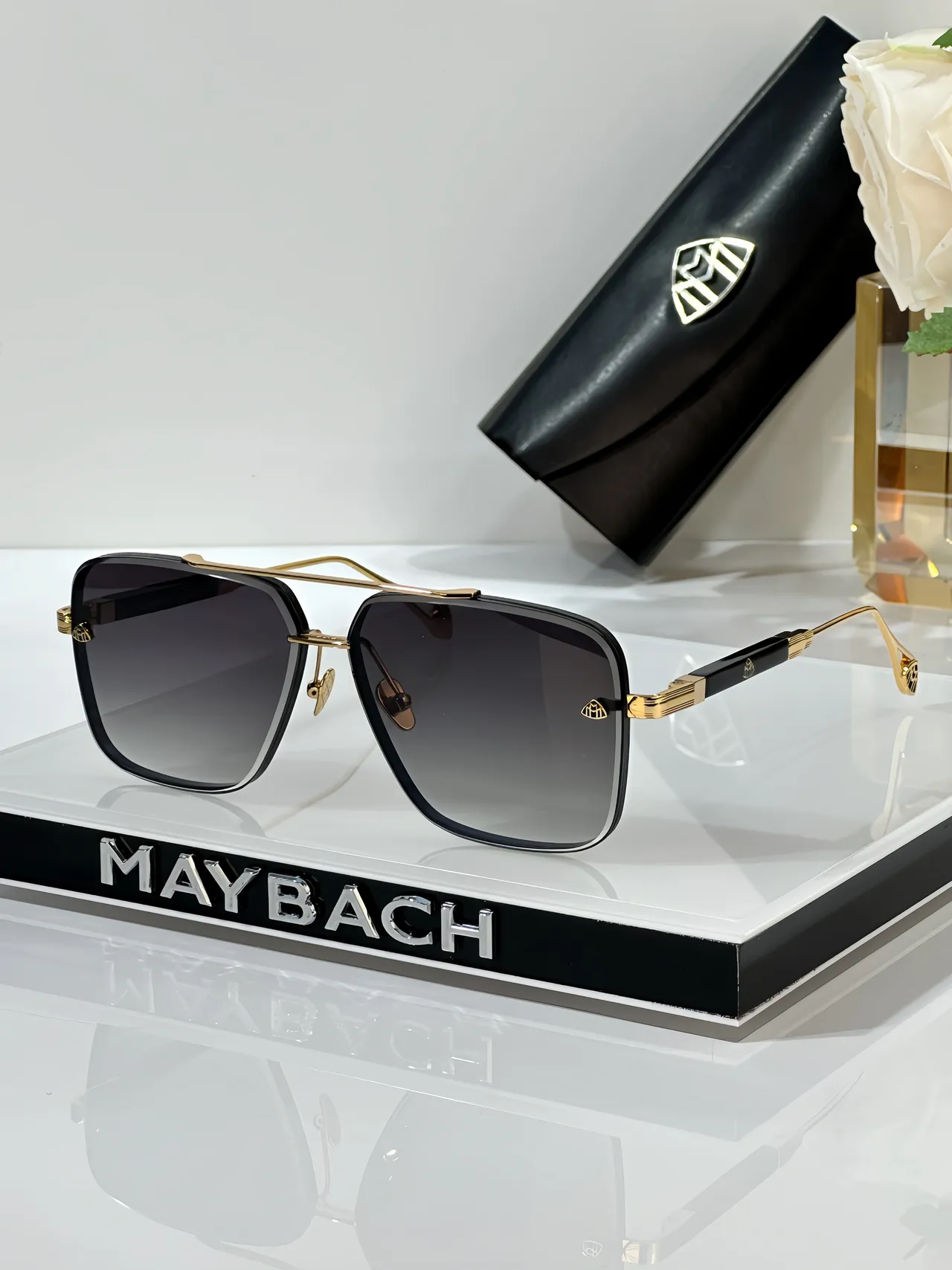 MAYBACH أسود فضي مستطيل طيار جسر مزدوج نظارات شمسية 4