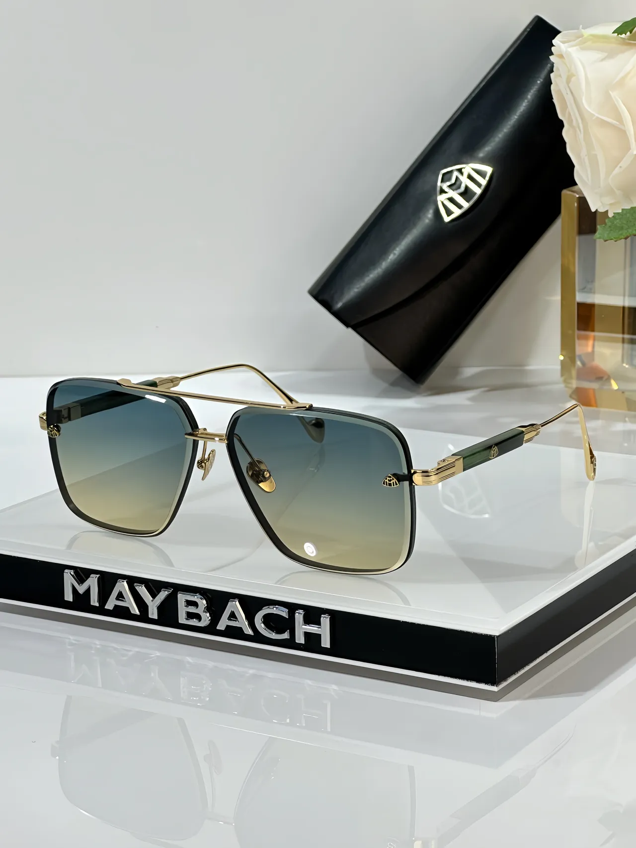 MAYBACH أسود فضي مستطيل طيار جسر مزدوج نظارات شمسية 5