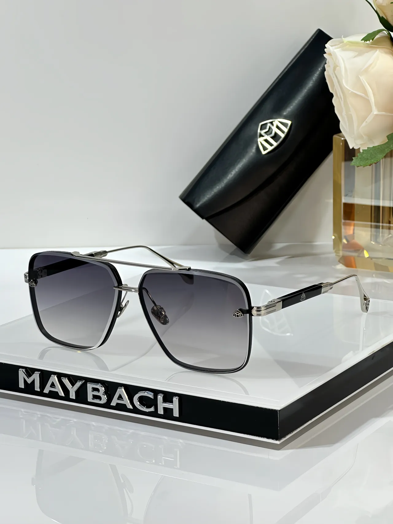 MAYBACH أسود فضي مستطيل طيار جسر مزدوج نظارات شمسية 7