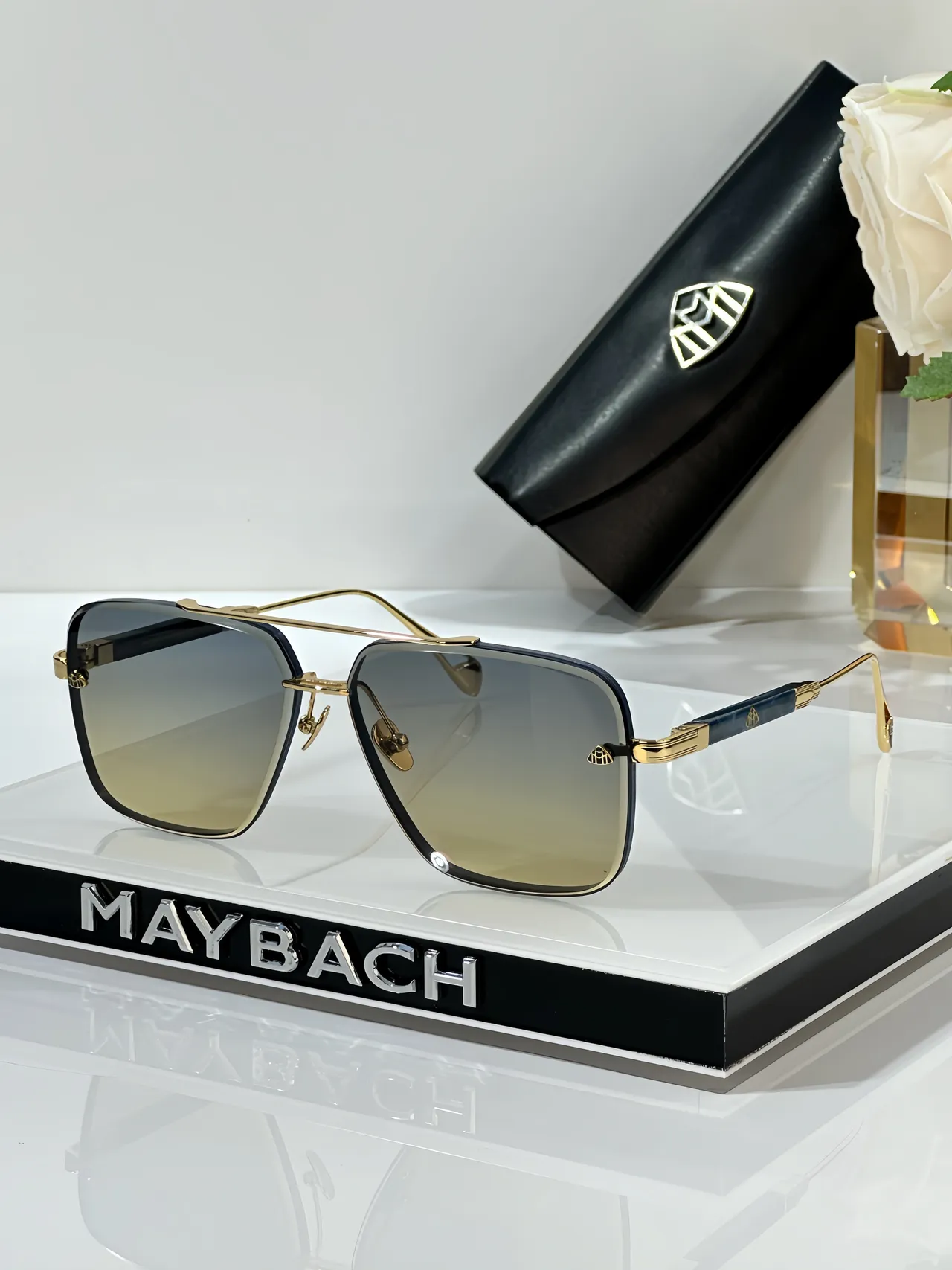 MAYBACH أسود فضي مستطيل طيار جسر مزدوج نظارات شمسية 8
