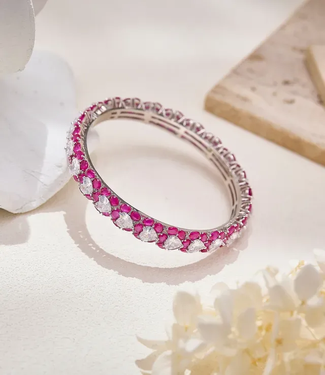 Multi-Row Pink and Clear Gemstone Bangle Bracelet 5