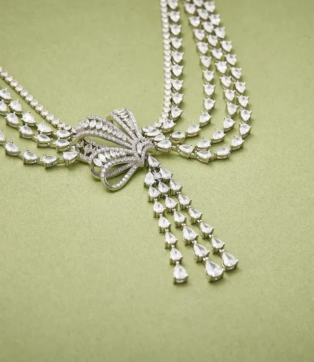 Multi-Strand Bow Motif Pavé Tassel Necklace 4