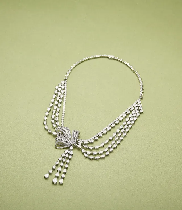 Multi-Strand Bow Motif Pavé Tassel Necklace 6