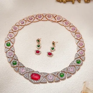 Collier Or Multicolore Design de Maillons Géométriques Diamants Pavé
