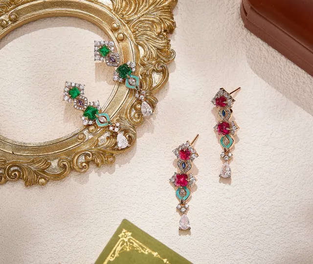 Multistone Enamel Cascade Dangling Earrings 4