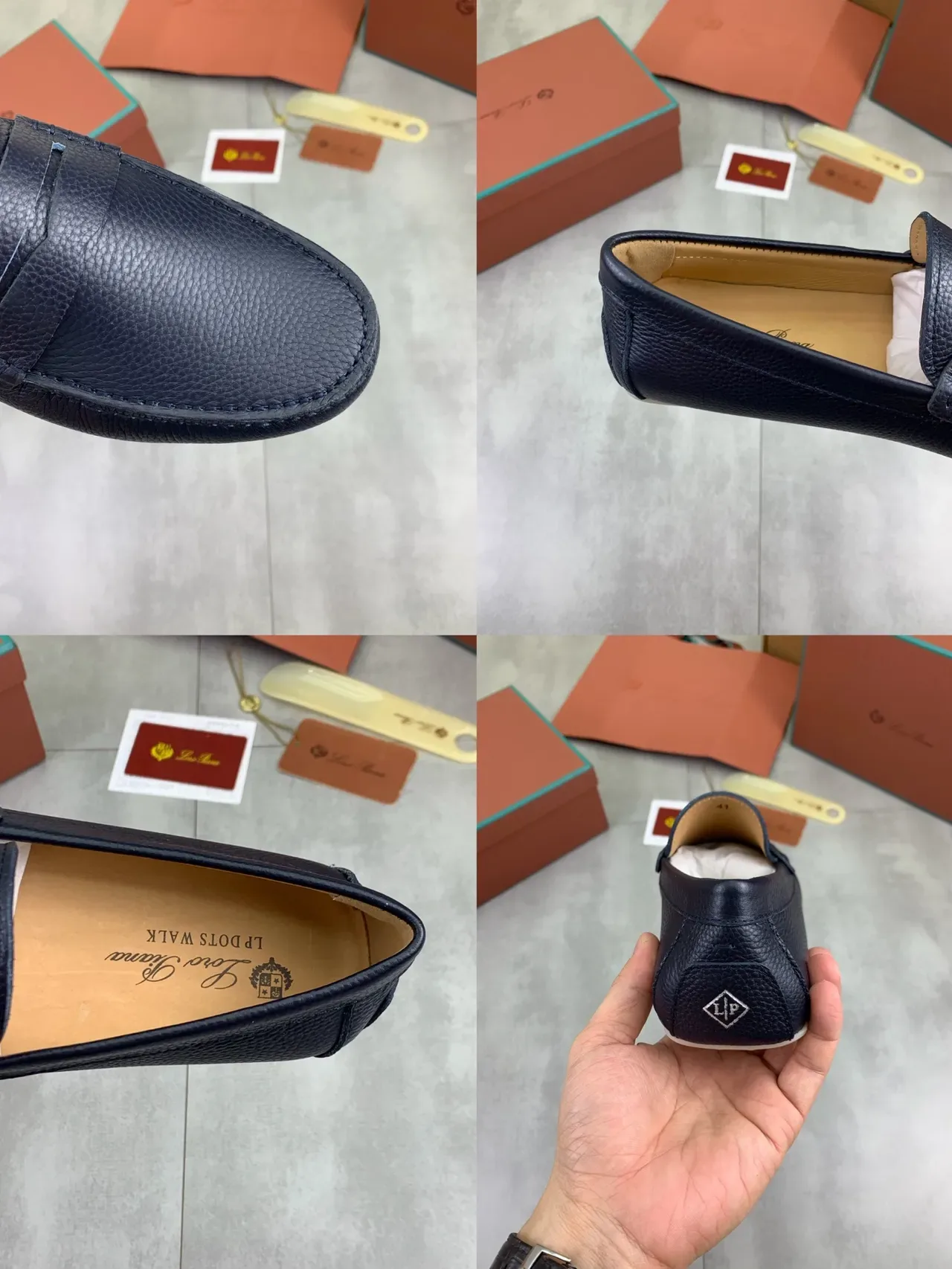 Navy Beige Pebbled Leather Penny Strap Loafer 2