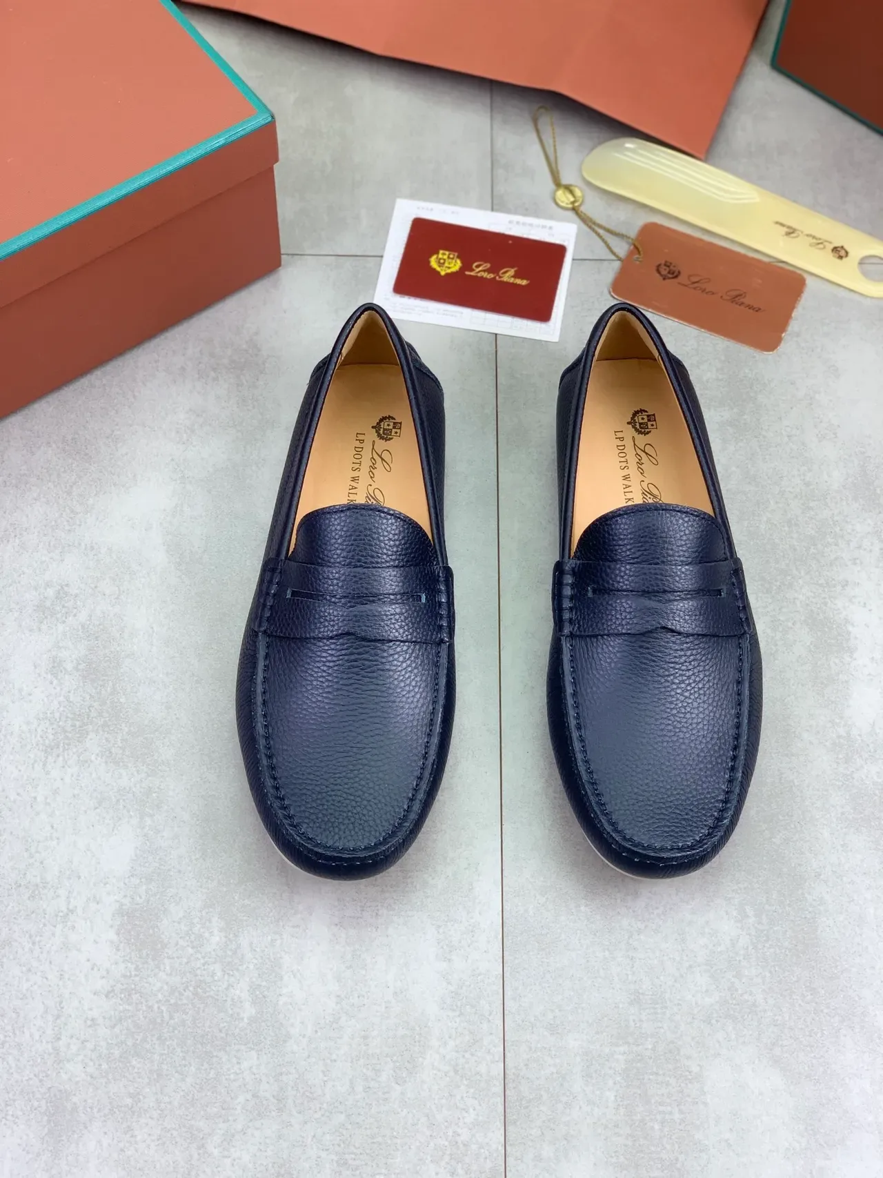 Navy Beige Pebbled Leather Penny Strap Loafer 4