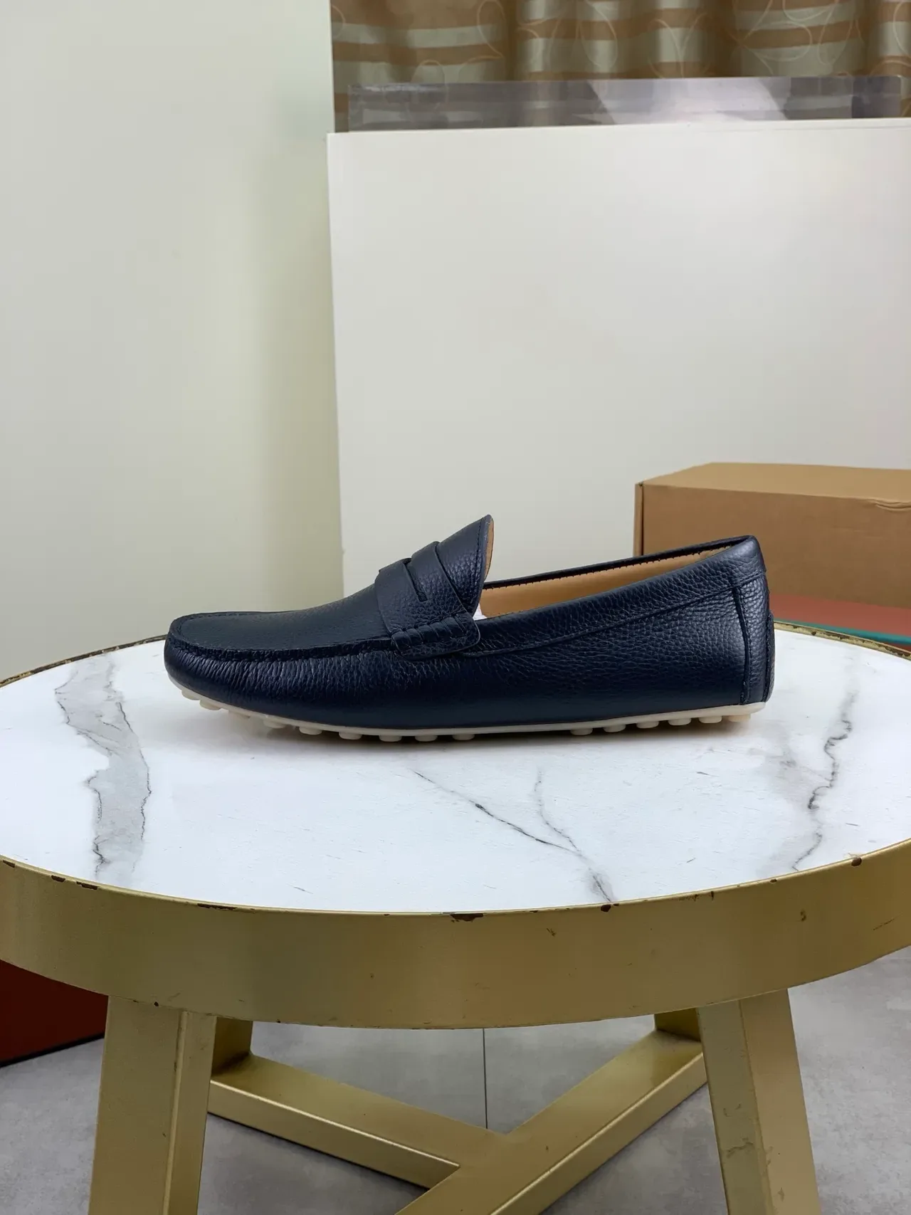 Navy Beige Pebbled Leather Penny Strap Loafer 5