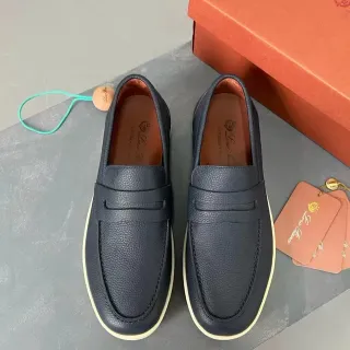 Azul marino Beige Cuero Granulado Correa Penny Loafer