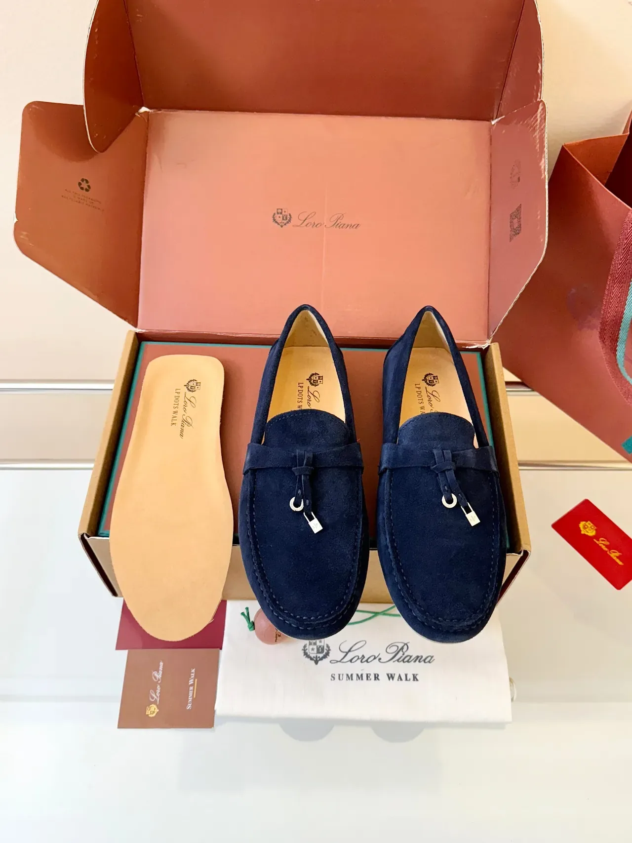 Navy Beige Suede Saddle Strap Loafer 6