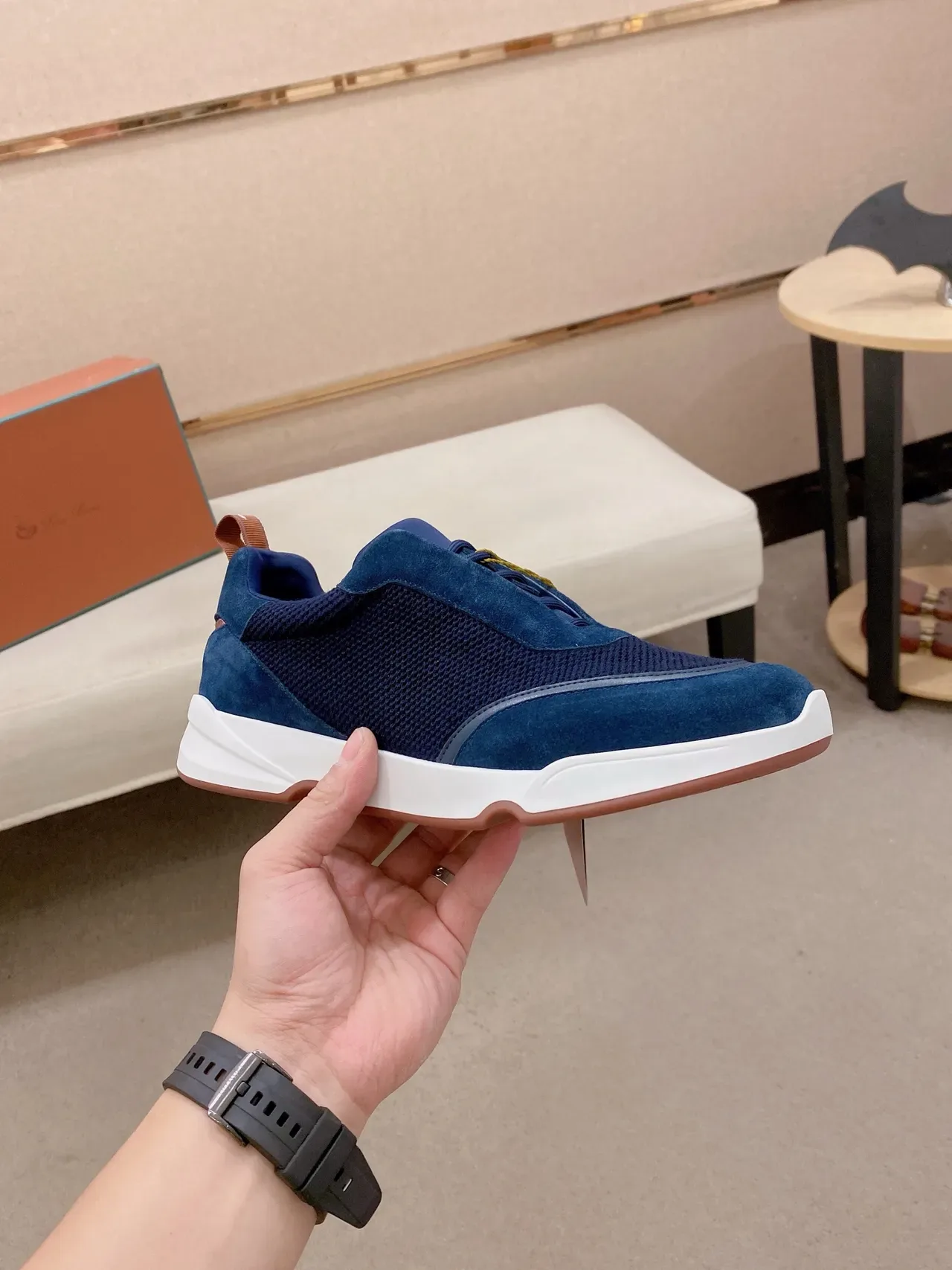 Navy Blue and White Laceless Mesh Suede Sneaker 4