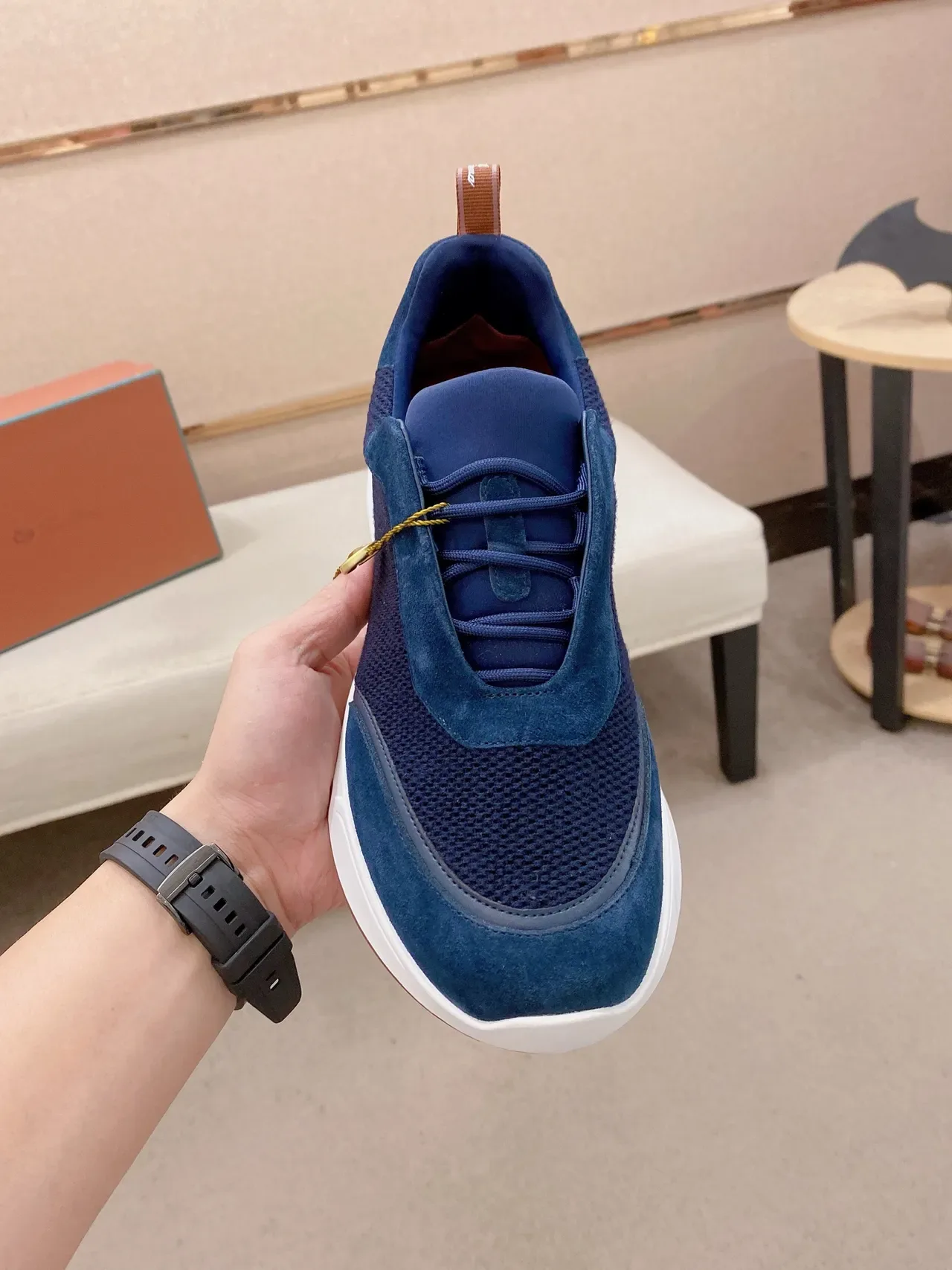 Navy Blue and White Laceless Mesh Suede Sneaker 5