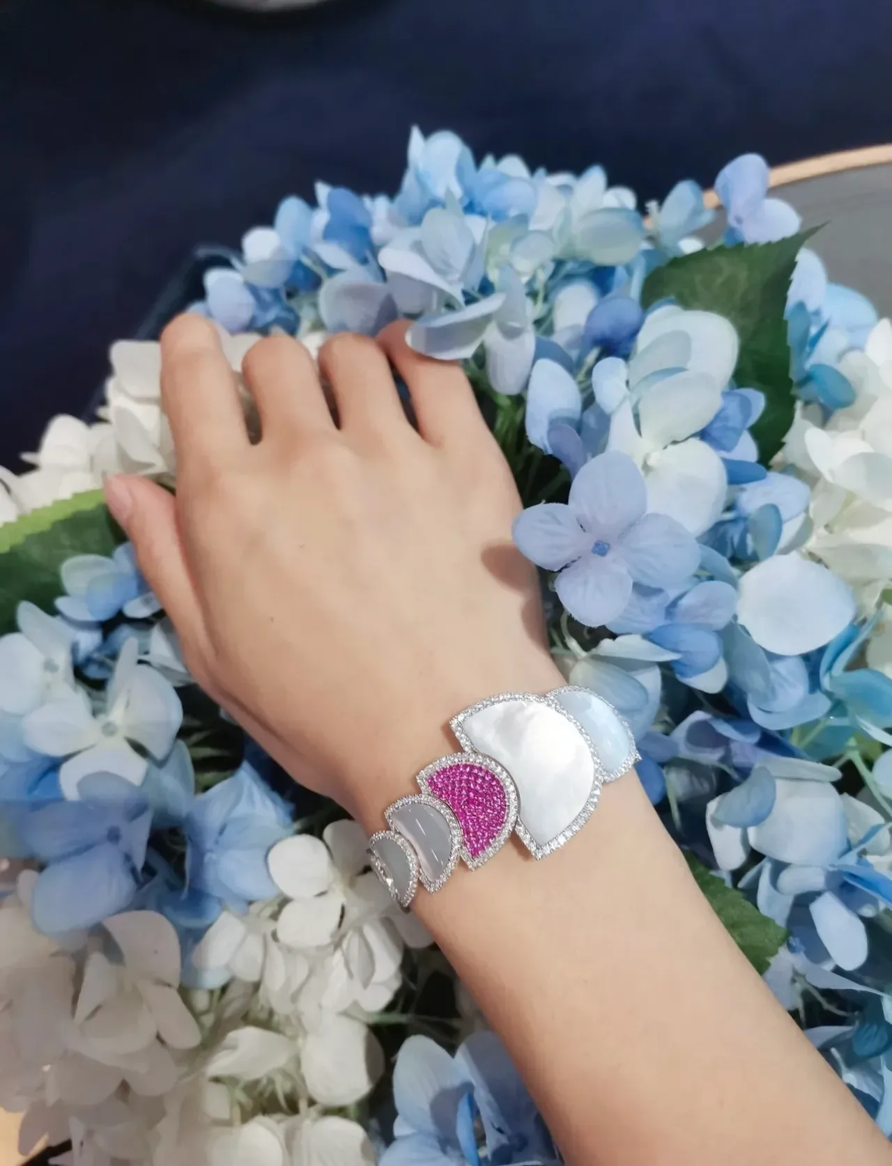 Navy Pink Cuff-Style Segmented Semi-Circular Motifs Bracelet 2