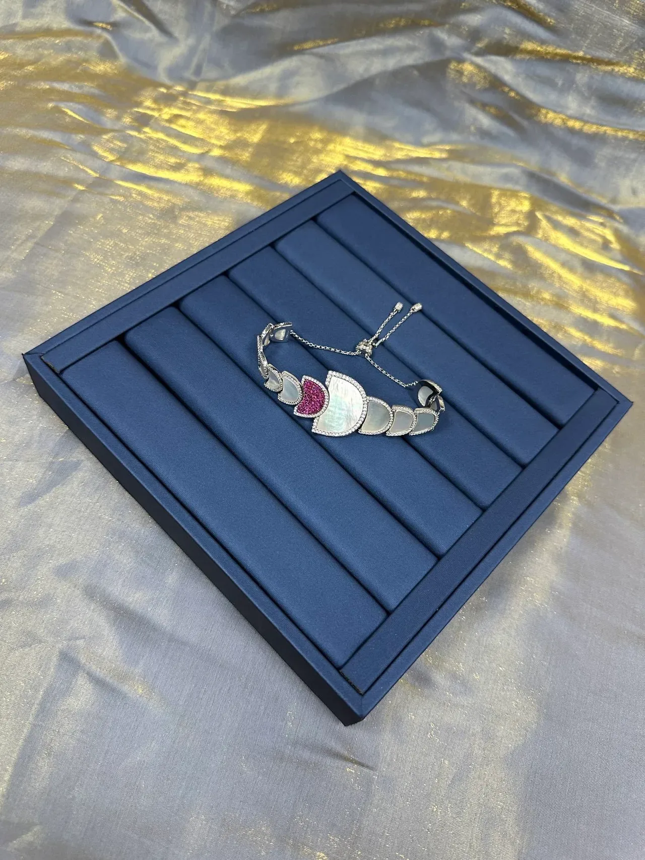 Navy Pink Cuff-Style Segmented Semi-Circular Motifs Bracelet 7