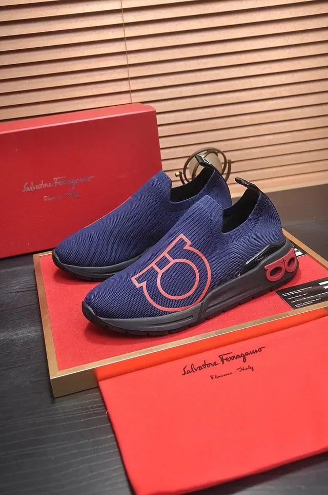 Navy Red Slip-On Knit Bold Monogram Logo Sneakers 4
